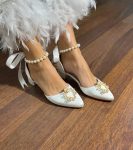 Весільні туфлі з перлами на квадратних підборах + брошка+ додатково ремінець