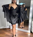 Жіночий Халат шовковий з мереживом та сорочкою чорний