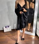 Жіночий Халат шовковий з мереживом та сорочкою чорний