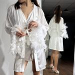 Жіночій халат з топом та шортами весільний для нареченої із пірям індика Х-0038