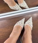 Жіночі туфлі слінгбек весільні для нареченої з вишивкою та квітами 7 см