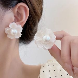 Сережки жіночі  квітка велика з перлиною СБЖ-0027