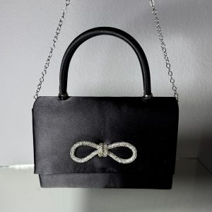 Святковий сатиновий чорний клатч з камінцями та бантом С-0050