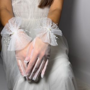 Рукавички короткі весільні шифон із бантом (шифон)  та перлами Рук-0004