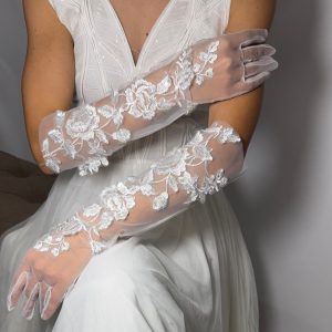 Рукавички Весільні мереживні  середньої довжини з об’ємною вишивкою Рук-0010