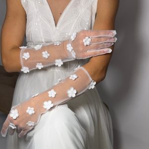 Рукавички Весільні шифонові  середньої довжини з 3D-квітами Рук-0009