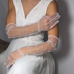 Рукавички Весільні шифонові довгі з перлами Рук-0015