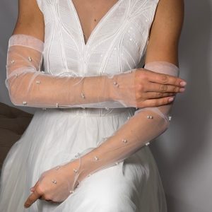 Мітенки рукавиці весільні довгі шифонові із перлами Рук-0008