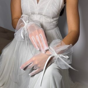 Рукавички весільні короткі шифон із бантом стрічка атлас  Рук-0001
