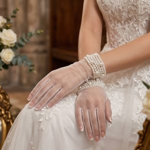 Рукавички весільні короткішифонові із перлами Рук-0029